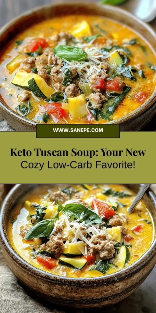 Discover the ultimate comfort food with Keto Tuscan Soup Delight! This hearty, low-carb soup is perfect for those chilly nights when you crave something warm and satisfying. Packed with Italian sausage, vibrant vegetables, and a creamy base, it’s not just delicious but also supportive of your keto lifestyle. Easy to make and loaded with nutrients, this soup is sure to become a new favorite. Embrace healthy eating with this delightful recipe! #Keto #KetoRecipes #LowCarb #HealthyEating #SoupRecipe