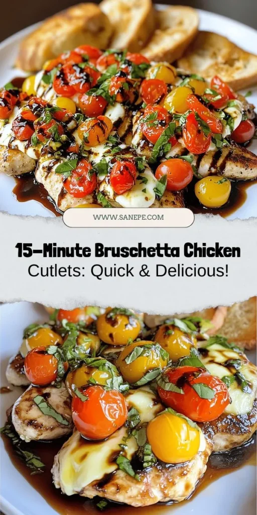 Savor the flavors of Italy with these Bruschetta Chicken Cutlets, ready in just 15 minutes! This quick and delicious dish features juicy chicken topped with a vibrant mixture of cherry tomatoes, fresh basil, garlic, and creamy mozzarella. Perfect for busy nights or unexpected guests, it combines convenience with gourmet taste. Discover the perfect balance of nutrition and flavor for your family! #BruschettaChicken #QuickRecipes #WeeknightDinner #ItalianCuisine #HealthyEating #CookingMadeEasy #15MinuteMeals