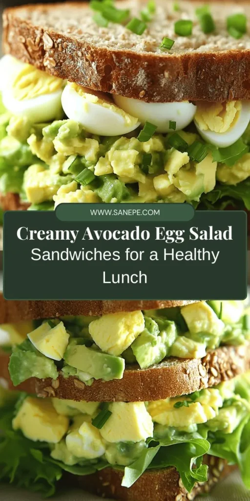 Discover the ultimate lunch idea with our Creamy Avocado Egg Salad Sandwiches! This delicious recipe blends the creamy richness of avocados with protein-packed eggs for a nutritious meal that's quick and easy to prepare. With added Greek yogurt, Dijon mustard, and fresh herbs, it's bursting with flavor. Perfect for any occasion, this satisfying sandwich will impress your taste buds and guests alike. Try it today! #AvocadoEggSalad #LunchIdeas #HealthyEating #NutritiousRecipes #Sandwiches #QuickMeals #Yummy