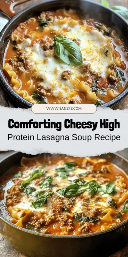 Warm up with a bowl of Cheesy High Protein Lasagna Soup, a wholesome twist on a classic comfort food! Packed with lean proteins, vibrant veggies, and creamy cheeses, this easy one-pot meal satisfies your cravings without the guilt. Perfect for busy weeknights, it's a delicious way to enjoy lasagna flavors while boosting your nutrition. Discover how to make this hearty soup today and indulge in a plateful of goodness! #LasagnaSoup #HealthyRecipes #ComfortFood #MealPrep #HighProtein #EasyRecipes