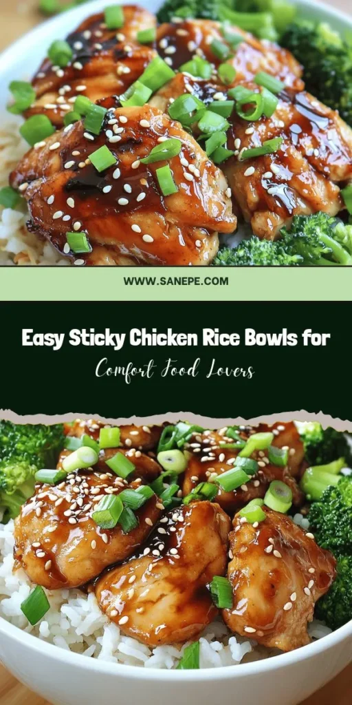 Discover the deliciousness of sticky chicken rice bowls! This comforting meal features marinated chicken thighs served over fluffy jasmine rice, creating a balance of sweet and savory flavors. Perfect for busy weeknights, you can customize your bowl with fresh veggies and spices to suit your taste. Easy to prepare and satisfying, this dish has become a favorite among home cooks. Try it today! #StickyChickenRiceBowls #ComfortFood #EasyRecipes #AsianCuisine #MealPrep #QuickMeals