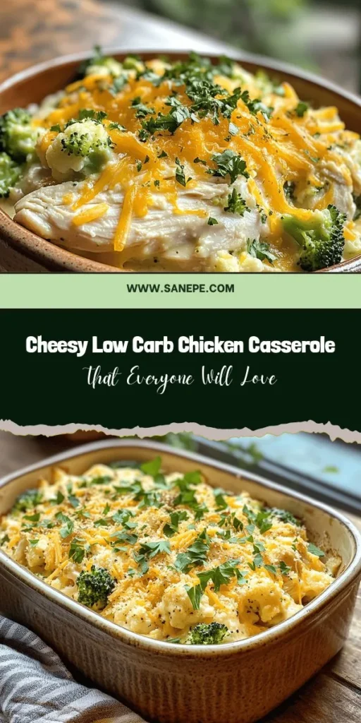 Transform your dinner routine with this perfectly cheesy low-carb chicken casserole! Packed with shredded chicken, vibrant veggies, and rich cheeses, this dish is a comforting delight that supports your low-carb lifestyle. Easy to make and family-approved, it delivers flavor without the guilt. Discover the benefits of each ingredient and whip up this nutritious meal in no time. Perfect for meal prep too! #LowCarb #HealthyEating #Casserole #MealPrep #DinnerIdeas #ComfortFood #KetoRecipes