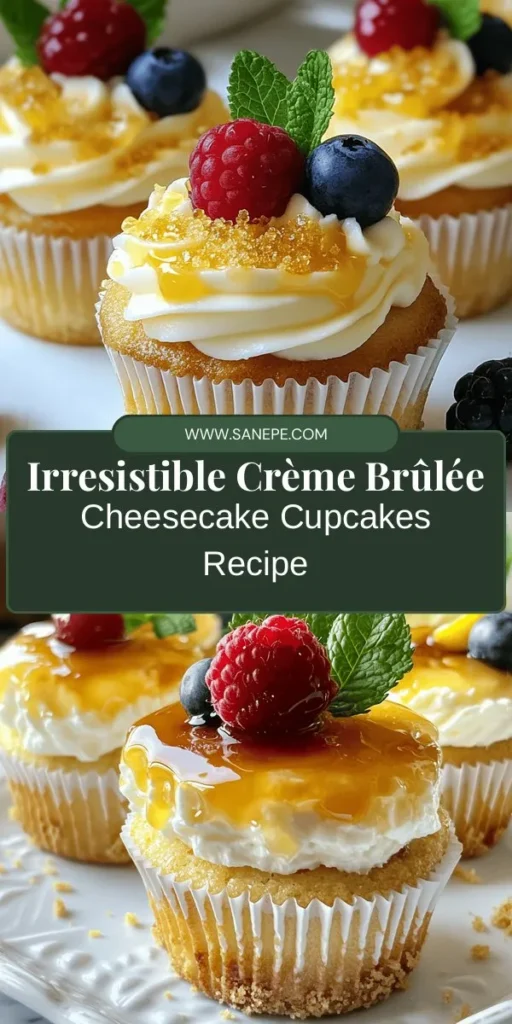 Indulge in the luxurious flavors of Crème Brûlée Cheesecake Cupcakes, a perfect blend of creamy cheesecake and caramelized sugar topping all in one delicious bite. These elegant treats feature a graham cracker crust that perfectly complements the rich filling, making them ideal for birthdays, holidays, or any special occasion. Impress friends and family with this delightful fusion dessert. Get the recipe today! #Dessert #Cupcakes #Baking #CulinaryDelight #CrèmeBrûlée #Cheesecake #PartyDesserts