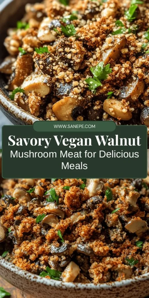 Discover the delicious Savory Vegan Walnut Mushroom Meat recipe, a fantastic plant-based alternative that's perfect for tacos, burgers, or grain bowls. This dish combines nutritious walnuts and earthy mushrooms for a rich flavor and satisfying texture. Packed with protein and healthy fats, it's a nutritious choice for any meal. Try this versatile recipe and elevate your plant-based cooking! #VeganRecipes #PlantBased #HealthyEating #Mushrooms #Walnuts #MeatlessMonday #VeganCooking