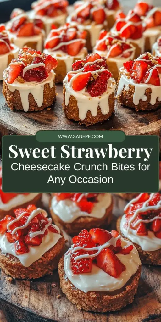 Discover the irresistible Strawberry Cheesecake Crunch Bites! These delectable treats combine creamy cheesecake, fresh strawberries, and a crunchy graham cracker base, making them a perfect dessert for any occasion. Easy to prepare and visually stunning, they are a delightful bite-sized dessert that will impress your guests. Enjoy them as a sweet treat or at your next gathering. Try this fun recipe today! #Dessert #StrawberryCheesecake #Yummy #Bites #Treats #HomemadeDelight #SweetTreats