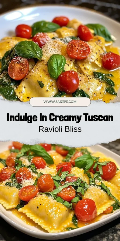 Experience the essence of Italy with Creamy Tuscan Ravioli, a dish that perfectly blends rich flavors and comforting textures. Enjoy the savory cheese-filled pasta enveloped in a creamy sauce, highlighted by fresh spinach, sweet cherry tomatoes, and aromatic garlic. This delightful recipe embodies Tuscan culinary traditions and is sure to impress at any gathering. Try it today and savor a taste of Tuscany! #TuscanRavioli #ItalianCuisine #PastaLovers #ComfortFood #HomemadeItalian #CookingAtHome #Foodie