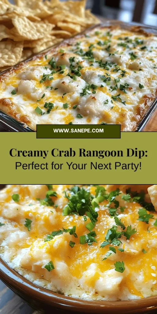 Dive into the creamy delight of Crab Rangoon Dip, the perfect appetizer for any occasion! This easy-to-make dish combines the flavors of classic Crab Rangoon with the convenience of a dip, featuring cream cheese, crab meat, and savory seasonings. Serve it warm with crispy wonton chips or crackers, and watch it disappear at your next gathering. Perfect for game days, parties, or cozy family nights! #CrabRangoonDip #Appetizer #PartyFood #Foodie #DeliciousDips #EasyRecipes