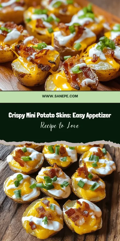 Indulge in the perfect party starter with these irresistibly crispy mini potato skins! Loaded with creamy cheddar, savory bacon, dollops of sour cream, and a sprinkle of fresh green onions, each bite is bursting with flavor. This simple recipe is easy to follow and great for any gathering or cozy night in. Get creative with toppings and impress your guests with this delicious snack! #MiniPotatoSkins #CrispySnacks #PartyFood #RecipeIdeas #Appetizers