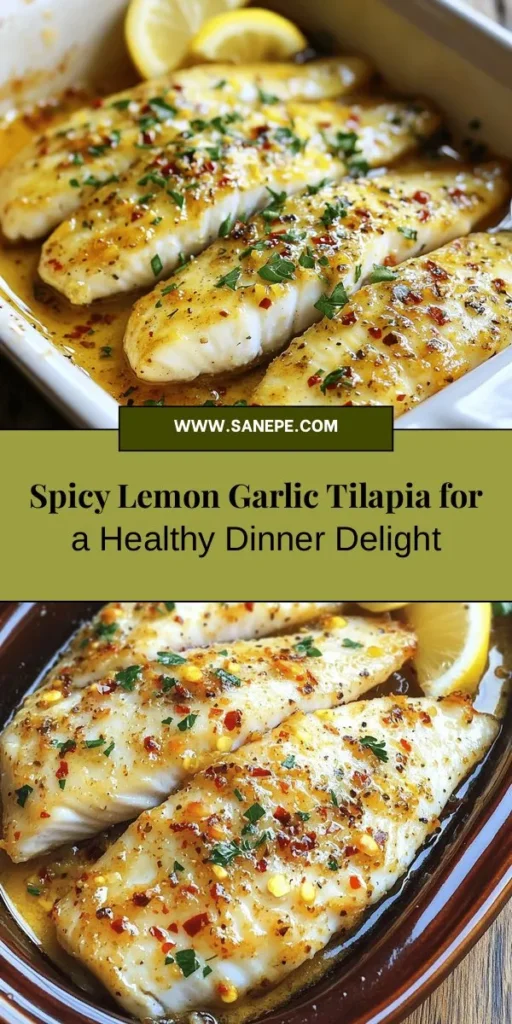 Discover the delicious and healthy Spicy Lemon Garlic Baked Tilapia that is perfect for any occasion! This quick and easy recipe features tender tilapia fillets marinated in a zesty blend of lemon, garlic, and spices, offering a delightful kick while promoting good health. Bake to perfection and serve with your favorite sides for a satisfying meal that impresses family and friends. Try it and elevate your weeknight dinners! #BakedTilapia #HealthyEating #SeafoodRecipes #EasyDinner #YummyFood