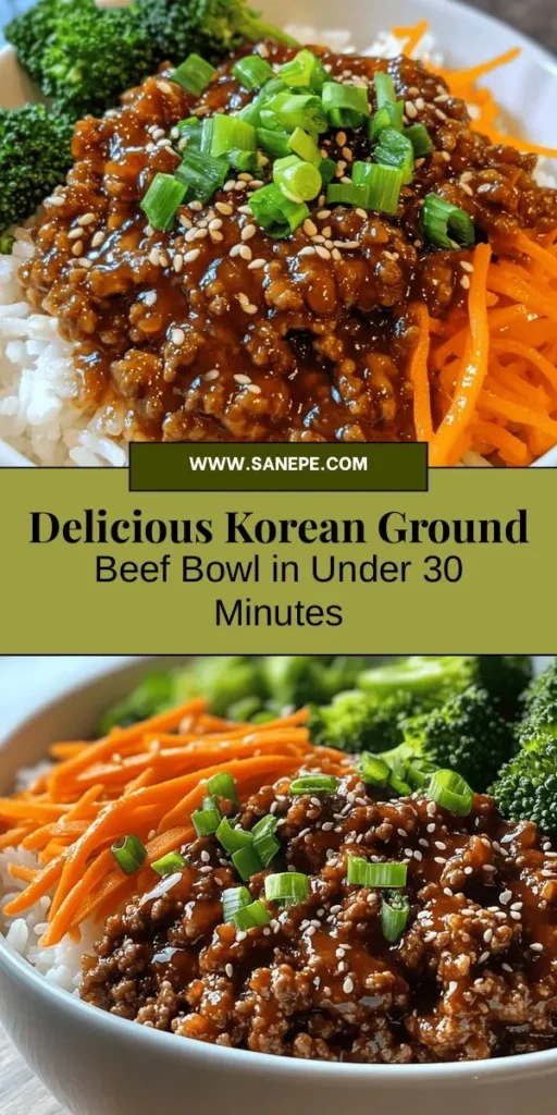 Elevate your weeknight dinners with this Savory Korean Ground Beef Bowl! This quick and flavorful dish combines lean ground beef, aromatic garlic, and ginger, all served over fragrant jasmine rice. Packed with protein and essential nutrients, it’s both delicious and nutritious. Customize with your favorite veggies and spice levels for a meal that suits everyone’s tastes. Dive into the vibrant world of Korean cuisine today! #KoreanCuisine #GroundBeefBowl #QuickDinner #HealthyEating #Foodie