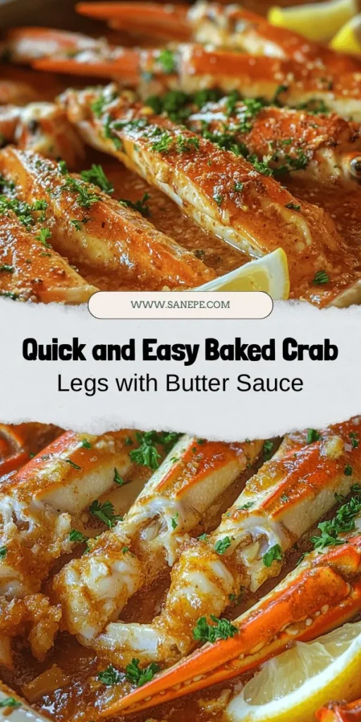 Treat yourself to a luxurious seafood experience with baked crab legs in butter sauce. This easy-to-follow recipe features sweet crab meat bathed in rich butter sauce, elevated by garlic, lemon, and Old Bay seasoning. Perfect for special occasions or cozy family dinners, these crab legs are not only delicious but also packed with protein and essential nutrients. Impress your guests and enjoy a gourmet night at home! #CrabLegs #SeafoodRecipe #ButterSauce #EasyCooking #GourmetMeal #HealthyEating