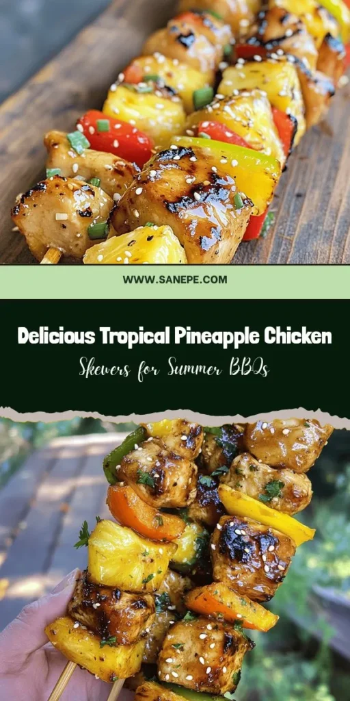 Discover the vibrant taste of summer with Tropical Pineapple Chicken Skewers! This delicious recipe combines marinated chicken, juicy pineapple, and colorful bell peppers for a perfect grilling dish that's ideal for barbecues, family gatherings, or weeknight dinners. Easy to customize, these skewers burst with flavor and visual appeal, making every meal feel like a tropical getaway. Fire up the grill and enjoy a taste adventure! #Grilling #ChickenSkewers #TropicalRecipe #SummerEats #FoodieFun #OutdoorCooking