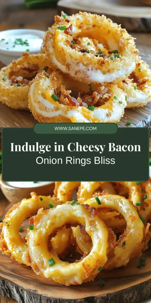 Elevate your snacking game with these irresistible Cheesy Bacon Onion Rings! These crispy, golden treats are stuffed with gooey cheddar cheese and savory bacon, creating a flavor explosion in every bite. Perfect for parties or a cozy night in, they're customizable and fun to make. Serve them with your favorite dipping sauces for an unforgettable appetizer experience. Try this delicious recipe today! #OnionRings #BaconLovers #CheesePlease #Appetizer #SnackTime #HomemadeDelight #FoodieFun