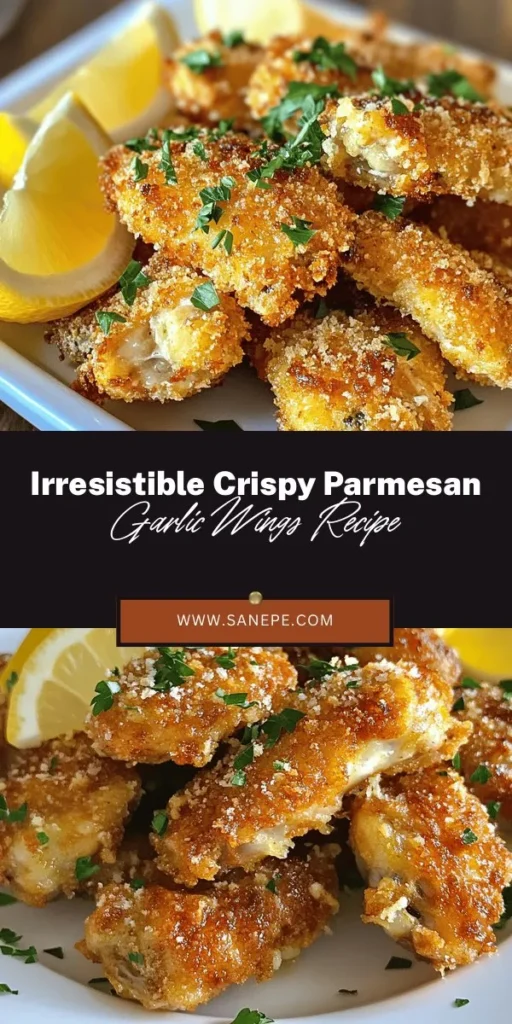 Satisfy your cravings with these Crispy Parmesan Garlic Wings, a delicious twist on a classic favorite! Perfectly baked to a golden crisp and coated in a savory garlic Parmesan sauce, these wings are easy to make and sure to impress at any gathering. Enjoy them with fresh lemon wedges and your favorite dipping sauces for a delightful treat. Try this recipe for a healthier wing option that doesn’t skimp on flavor! #ChickenWings #ParmesanGarlic #HealthyRecipes #Appetizers #GameDaySnacks #FoodieFun