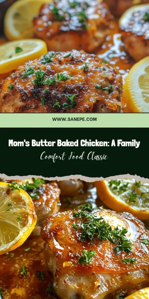 Discover the heartwarming taste of Mom's Butter Baked Chicken, a recipe that brings comfort and nostalgia to your dinner table. With savory chicken thighs, fresh herbs like rosemary and thyme, and a deliciously tangy-sweet marinade, this dish is simple yet elegant. It’s perfect for any occasion, easy enough for a weeknight or special gatherings. Experience the joy of home-cooked meals that create lasting memories. #ButterBakedChicken #ComfortFood #FamilyRecipes #HomeCooking #DeliciousDinner