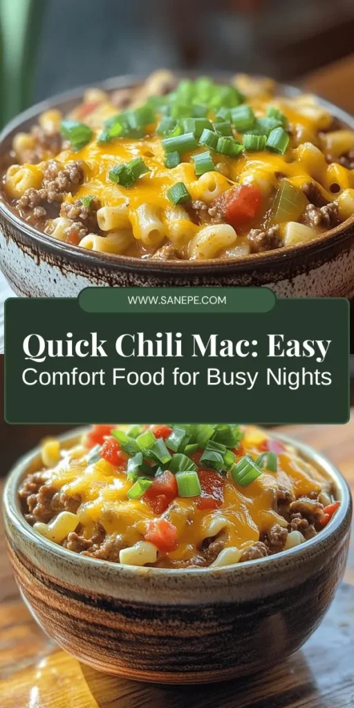 Looking for a quick and satisfying meal? Try this delicious Quick & Easy Chili Mac Dinner! This one-pot wonder combines seasoned ground meat, hearty pasta, and zesty chili flavors, perfect for busy weeknights or impressing guests with little effort. Packed with nutrients and customizable to fit dietary needs, this dish is a comfort food classic. Enjoy every flavorful bite! #ChiliMac #QuickDinner #ComfortFood #OnePotMeal #EasyRecipes