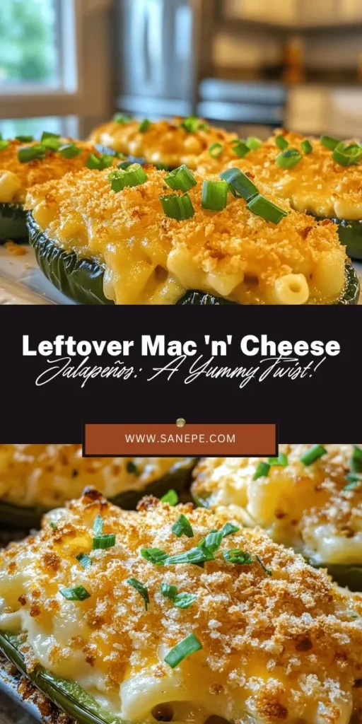 Transform your leftover mac 'n' cheese into a delicious appetizer with these Leftover Mac 'n' Cheese Stuffed Jalapeños. This recipe marries the creamy comfort of mac 'n' cheese with the spicy kick of jalapeños, making them perfect for parties or game days. Easy to prepare and endlessly customizable, these bites are sure to impress. Try adding bacon or different cheeses for an extra twist! #MacAndCheese #StuffedJalapenos #FoodWaste #AppetizerIdeas #CreativeCooking