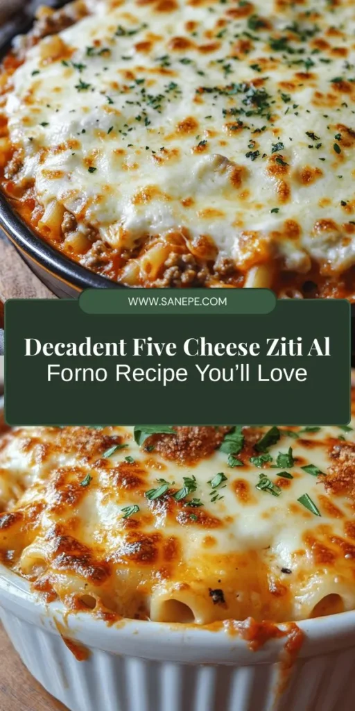 Dive into the creamy comfort of Five Cheese Ziti Al Forno, a culinary delight that's perfect for family gatherings or cozy nights in! This baked pasta dish features a mouthwatering blend of ricotta, mozzarella, fontina, parmesan, and gorgonzola, all enveloped in flavorful marinara. With simple preparation steps and outstanding flavors, it's a cheese lover's dream! Discover your new favorite recipe today! #PastaRecipe #ItalianCuisine #CheeseLovers #ComfortFood #BakedZiti