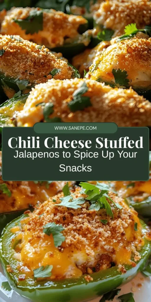 Get ready to spice up your appetizer game with Chili Cheese Stuffed Jalapenos! These flavorful bites combine the heat of fresh jalapenos with creamy cheese and savory chili for a mouthwatering treat. Perfect for parties or movie nights, you can customize your filling with beef, turkey, or even a vegetarian option. Bake until golden and top with crispy panko for an extra crunch. Your guests will love the flavor explosion! #ChiliCheeseJalapenos #SpicyAppetizers #GameDaySnacks #StuffedJalapenos