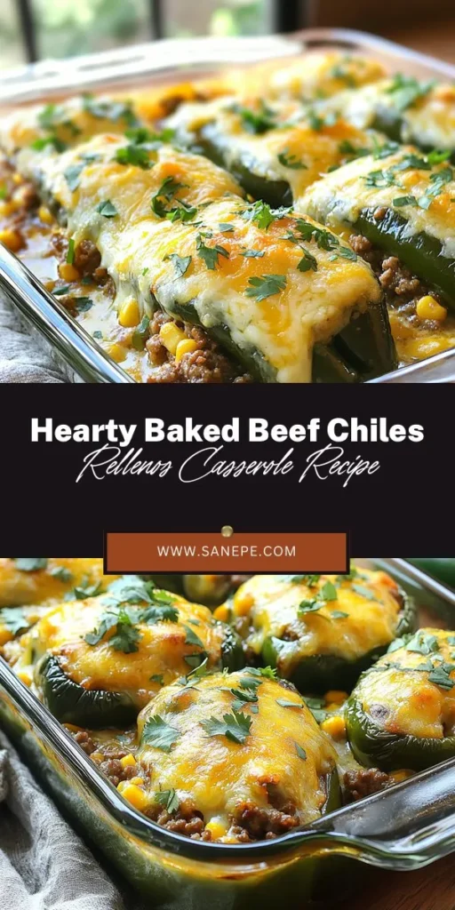 Enjoy a modern twist on a classic favorite with our Baked Beef Chiles Rellenos Casserole! This one-dish wonder combines roasted poblanos, savory ground beef, and gooey Monterey Jack cheese for a comforting meal that’s perfect for busy weeknights or family gatherings. Packed with flavor and easy to make, it’s a dish that will please everyone at the table. Try it today and bring a taste of Mexico home! #ChilesRellenos #CasseroleRecipe #MexicanCuisine #ComfortFood #FamilyMeals #EasyDinnerRecipes