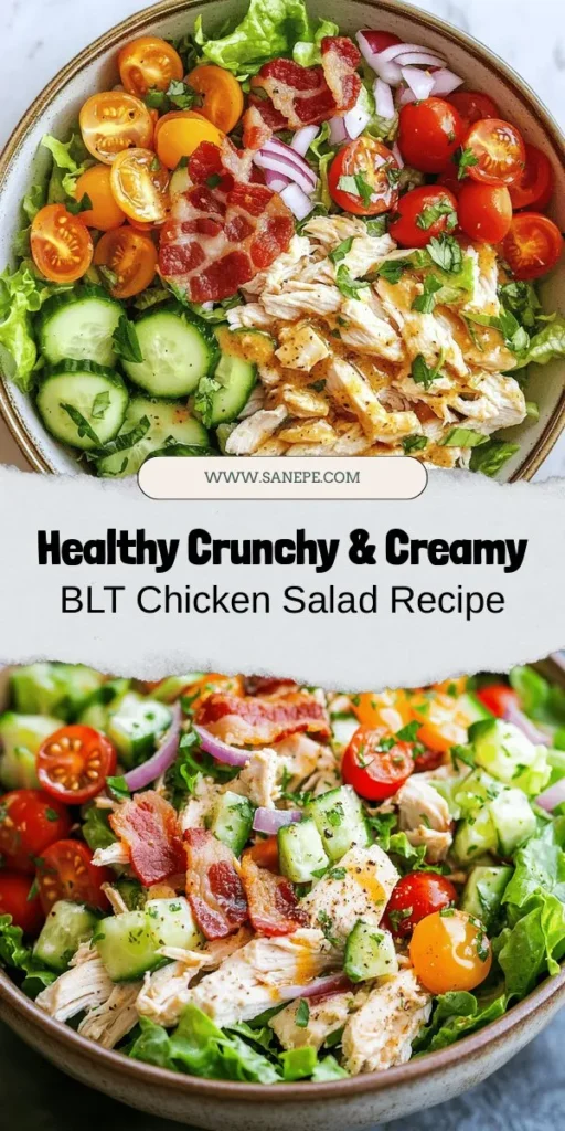 Looking for a fresh and nutritious meal? Try this Crunchy & Creamy Easy Healthy BLT Chicken Salad! It's a delightful combination of cooked chicken, turkey bacon, crispy romaine, and vibrant veggies—all topped with a creamy yogurt dressing. Quick to prepare, this salad is perfect for busy days and provides a healthy twist on the classic BLT. Great for meal prep or as a light dinner! #HealthyEating #ChickenSalad #BLT #MealPrep #SaladRecipe #Nutrition