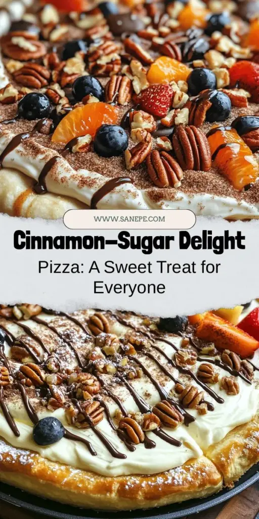 Indulge in the sweet, irresistible flavors of Cinnamon-Sugar Delight Pizza! This dessert pizza features a buttery crescent roll crust topped with a gooey cinnamon-sugar layer and creamy cream cheese frosting. Perfect for any occasion, it's easy to customize with fresh fruit, nuts, or chocolate drizzle. Serve warm or chilled for a delicious treat that will leave everyone craving more. Try this delightful recipe today! #DessertPizza #CinnamonSugar #SweetTreats #BakingFun #FamilyRecipes #EasyDesserts