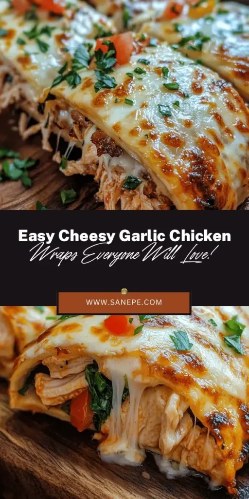 Looking for a quick and delicious meal? Try these Cheesy Garlic Chicken Wraps! Packed with tender chicken, zesty garlic, creamy mozzarella, and vibrant veggies, these wraps are perfect for family dinners, lunches, or picnics. Easy to customize and enjoyable warm or cold, they strike the right balance between flavor and nutrition. Elevate your mealtime with a simple twist on classic wraps! #CheesyGarlicWraps #EasyRecipes #MealPrep #HealthyEating #ChickenWraps #QuickDinner