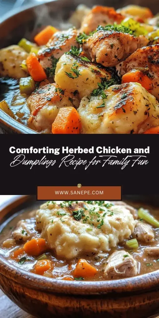 Warm up your family gatherings with this Herbed Chicken and Dumplings Delight! This comforting dish combines tender chicken, fluffy dumplings, and a flavorful broth perfect for cozy nights or rainy days. Discover the rich history and fresh herbs that elevate this family favorite. It's more than a meal; it’s a tradition that nurtures the soul. Explore variations and health benefits for a wholesome dining experience. #ChickenandDumplings #ComfortFood #FamilyRecipes #HomeCooking #SoupSeason #Herbs #DeliciousDinners