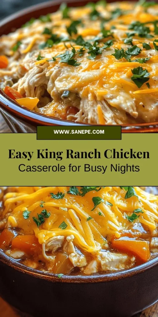 Discover the comforting goodness of King Ranch Chicken Casserole, a quick and easy Tex-Mex-inspired dish perfect for family gatherings or busy weeknights. Made with tender shredded chicken, creamy soups, and layers of corn tortillas, this casserole is bursting with flavor. It's a delightful blend of textures and tastes that everyone will love. Get the whole family involved in cooking and enjoy a hearty meal together! #KingRanchChicken #Casserole #ComfortFood #DinnerIdeas #EasyRecipes #TexMex #FamilyMeals