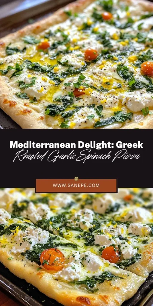 Discover the mouthwatering flavors of Greek Roasted Garlic Spinach White Pizza! This delightful dish combines roasted garlic, fresh spinach, and a blend of ricotta, mozzarella, and feta for a creamy, nutritious meal. Perfect for weeknight dinners or special occasions, this versatile pizza can also serve as a crowd-pleasing appetizer. Roll out the dough, layer your ingredients, and enjoy a slice of Mediterranean goodness! #PizzaRecipe #MediterraneanCuisine #HealthyEating #HomemadePizza #VegetarianDish