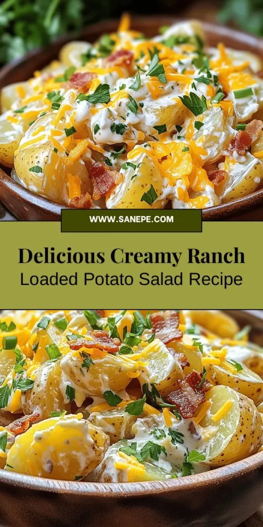 Elevate your picnic game with this Creamy Ranch Loaded Potato Salad! This delicious twist on the classic combines tender baby potatoes, rich sour cream, and zesty ranch seasoning for a flavor explosion. Packed with crispy bacon, sharp cheddar, and fresh green onions, this salad is perfect for summer gatherings and potlucks. Make it your own by adding your favorite mix-ins. A must-try for any comfort food lover! #PotatoSalad #RanchDressing #SummerRecipes #ComfortFood #Foodie