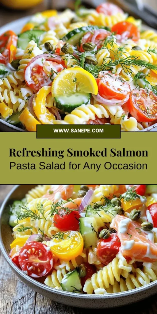 Looking for a dish that's flavorful, nutritious, and perfect for any occasion? Try this refreshing smoked salmon pasta salad! With tender pasta, rich smoked salmon, and crisp vegetables, it’s a delightful balance of taste and texture. Packed with omega-3 fatty acids and easy to prepare, this salad is ideal for brunches, picnics, or light lunches. Impress your guests with this simple yet sophisticated recipe! #PastaSalad #SmokedSalmon #HealthyEating #RecipeIdeas #Foodie