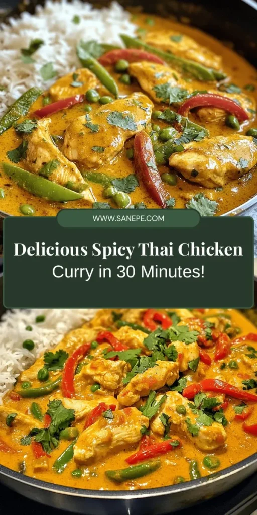 Experience the vibrant flavors of Thailand with this Spicy Thai Chicken Curry with Coconut Cream Delight! This quick and easy dish combines tender chicken, aromatic spices, and creamy coconut milk to create a satisfying meal in under 30 minutes. Perfect for busy weeknights, it pairs beautifully with jasmine rice or noodles. Customize it to your taste and enjoy the rich cultural heritage of this beloved cuisine. #ThaiCurry #ComfortFood #QuickRecipes #HealthyEating #Foodie