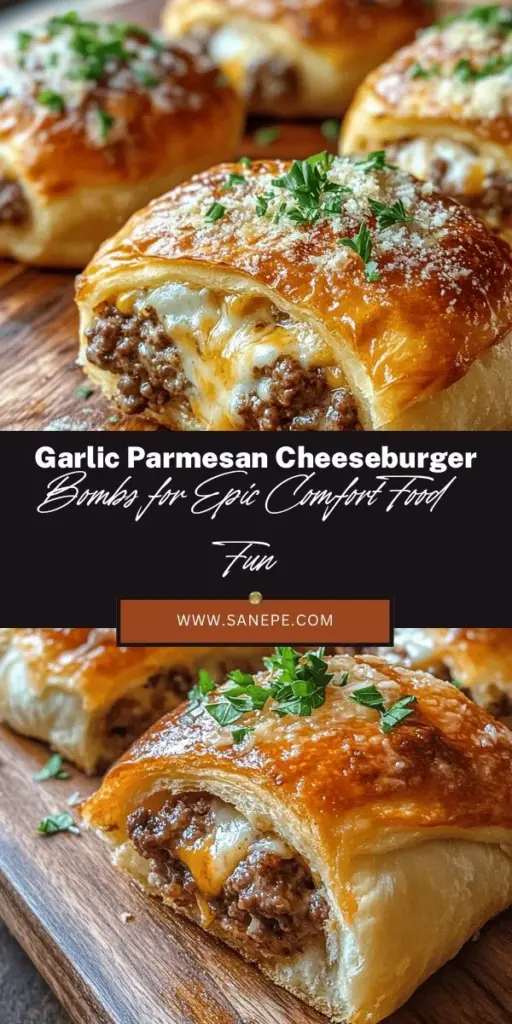 Indulge in the deliciousness of Garlic Parmesan Cheeseburger Bombs! These bite-sized delights combine juicy ground beef, melted cheddar and mozzarella, all wrapped in flaky crescent roll dough, creating a perfect comfort food treat. Ideal for game days, parties, or family dinners, these bombs are simple to make and packed with flavor. Try them out with marinara sauce for dipping, and watch them disappear fast! #ComfortFood #CheeseburgerBombs #Appetizers #EasyRecipes #FingerFood #Foodie