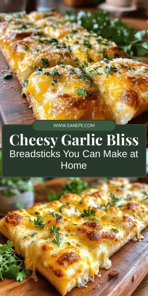 Indulge in the ultimate homemade treat with Cheesy Garlic Bliss Breadsticks! These warm, buttery delights are infused with savory garlic and gooey cheese, perfect as a snack or an accompaniment to your favorite pasta or soup. With simple ingredients and easy steps, baking these breadsticks yourself is a rewarding experience that fills your kitchen with irresistible aromas. Elevate your dining experience with this delicious recipe! #CheesyGarlicBreadsticks #HomemadeGoodies #BakingJoy #ComfortFood #FoodieDelight