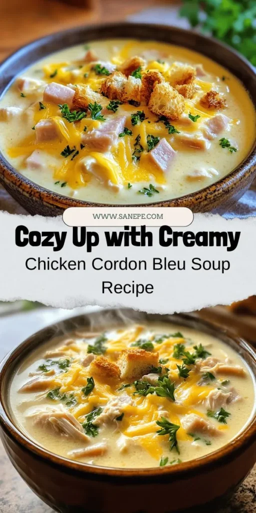 Warm up your evenings with this creamy Chicken Cordon Bleu Soup! This comforting dish combines tender chicken, savory ham, and melted Swiss cheese in a velvety broth that feels like a hug in a bowl. Perfect for chilly nights or gatherings, it's easy to customize and packed with flavor. Make it a staple in your recipe collection and enjoy hearty, satisfying meals. Try it today! #ChickenCordonBleu #ComfortFood #SoupRecipe #EasyRecipes #CozyEats