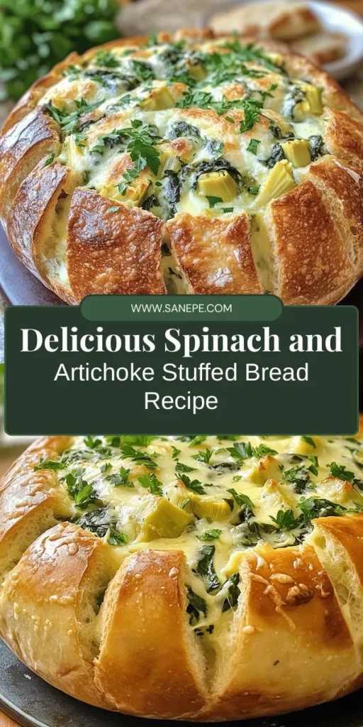 Indulge in the delightful flavors of Spinach and Artichoke Stuffed Bread! This recipe takes the classic creamy dip and elevates it by stuffing it into a crusty sourdough loaf, perfect for any occasion. With fresh spinach, artichoke hearts, and a cheesy filling, every bite is a warm hug for your taste buds. Ideal for sharing at a party or enjoying at family dinners, it's a dish that's sure to impress. Try it today! #StuffedBread #SpinachArtichoke #ComfortFood #PartyAppetizers #SourdoughLove