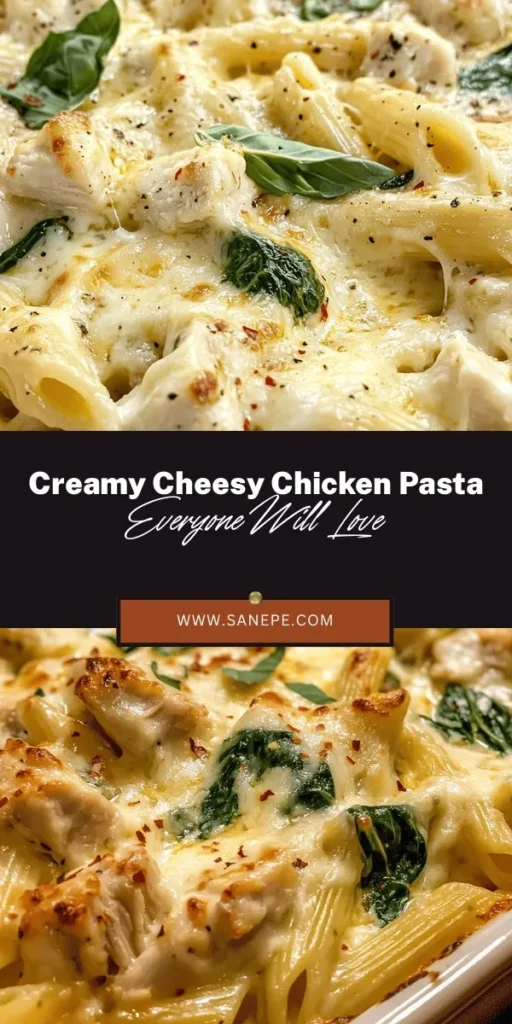 Indulge in the comfort of Cheesy Chicken Pasta Delight, a creamy classic that brings everyone together! This one-pot wonder features tender chicken, rich cheeses, and vibrant spinach paired with perfectly cooked penne pasta. Perfect for any occasion, it's easy to make and requires minimal cleanup. Elevate your dinner game with this satisfying dish that promises smiles at the table. Try it today! #CheesyChickenPasta #ComfortFood #PastaRecipes #FamilyDinner #OnePotMeals