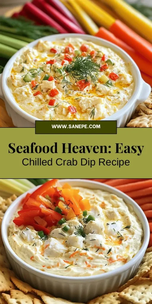 Discover the perfect Chilled Ocean Delight Crab Dip to impress your guests at any gathering! This creamy, flavorful dip combines lump crab meat with rich cream cheese, sour cream, and a hint of tangy lemon juice for a delightful taste of the sea. Simple to prepare and great for dipping with crackers or fresh veggies, this dish is a must-try for seafood lovers. Elevate your appetizer game with this irresistible treat! #CrabDip #SeafoodAppetizers #PartyFood #EasyRecipes #Foodie