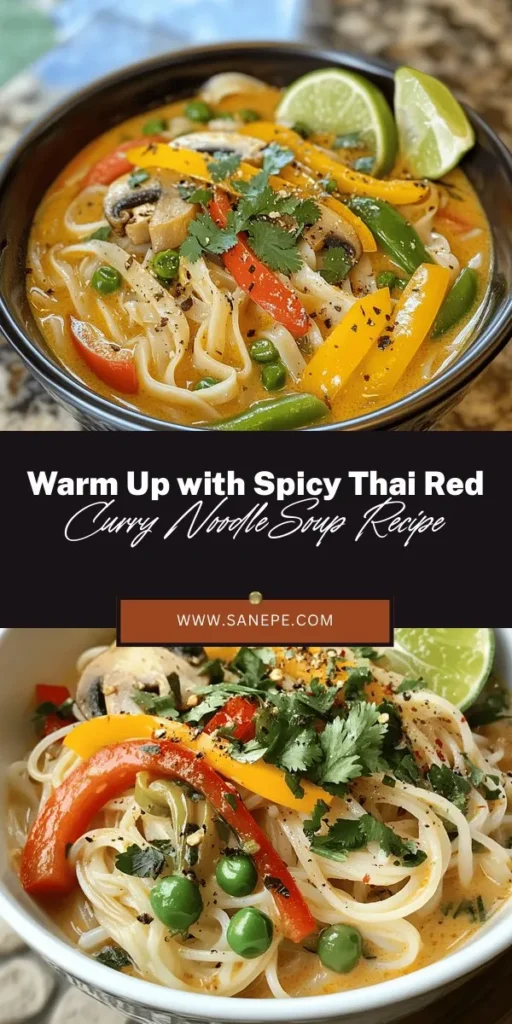 Warm up your evenings with this Spicy & Comforting Thai Red Curry Noodle Soup! A delightful blend of creamy coconut milk, aromatic spices, and fresh vegetables creates a flavor-packed dish that's perfect for any season. Easy to customize with your favorite proteins and veggies, this soup not only nourishes but also brings the essence of Thai cuisine to your kitchen. Dive into this comforting bowl of deliciousness today! #ThaiRedCurry #NoodleSoup #ComfortFood #SpicySoup #FoodLovers #HomeCooking #ThaiCuisine #HealthyEating