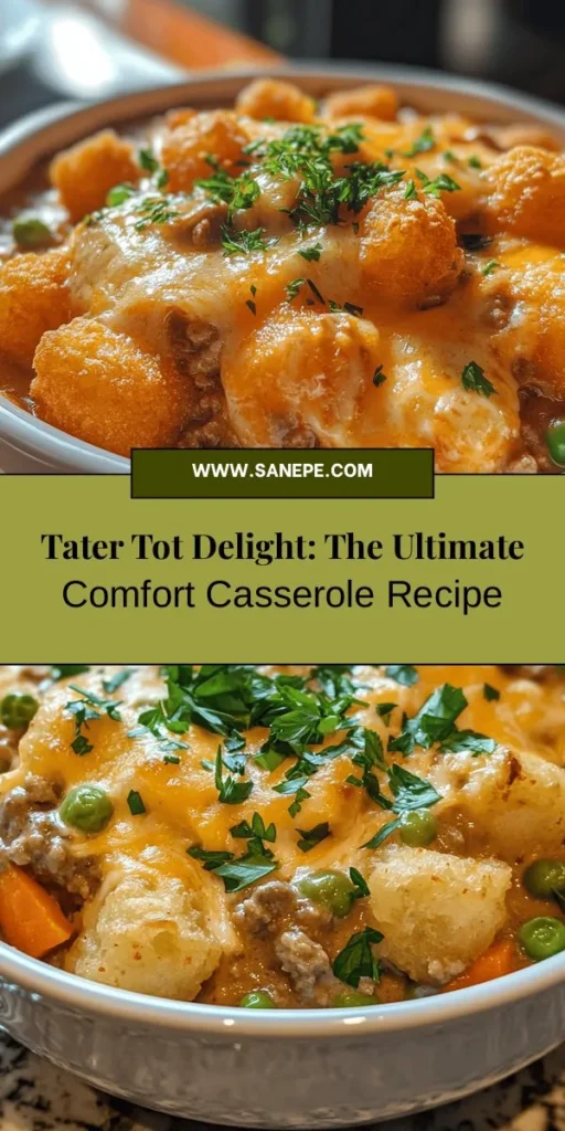 Discover the ultimate crowd-pleaser with our Tater Tot Delight Casserole! Perfect for family dinners or gatherings, this comforting dish features creamy layers of savory ground meat, vibrant mixed vegetables, and a crispy tater tot topping. Easy to prepare and versatile, it can be customized to suit any taste. Impress your guests with this hearty recipe that's sure to bring everyone together around the table. #TaterTotCasserole #ComfortFood #FamilyDinner #EasyRecipe #CrowdPleaser