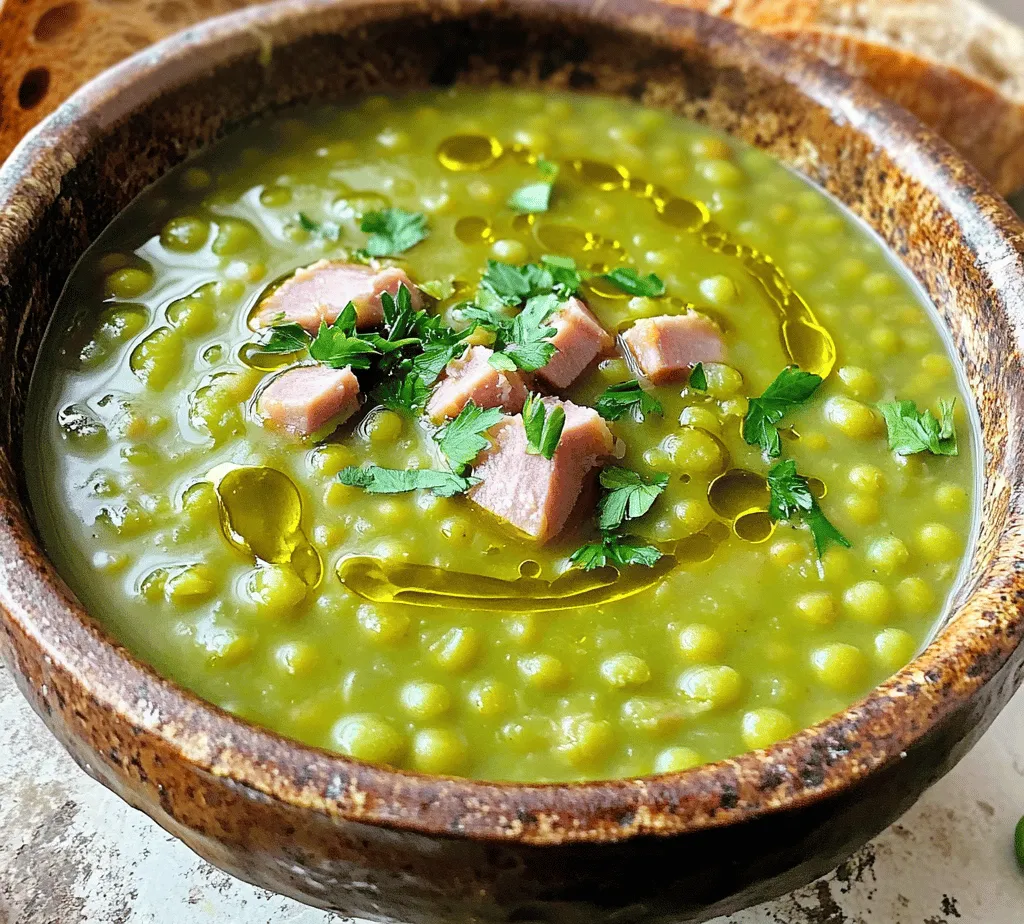 As the seasons change and the chill of winter sets in, there's nothing quite as comforting as a warm bowl of soup. Among the myriad of soup options available, <strong>Hearty Split Pea & Ham Soup</strong> stands out as a classic favorite. This dish not only warms the soul but also delivers a robust flavor profile that can please even the pickiest of eaters. With its rich, savory taste and creamy texture, this soup is an ideal choice for family dinners or cozy gatherings.” /></p>
</p>
<p><strong>Serving Suggestions</strong></p>
</p>
<p>Creating a Complete Meal with Split Pea & Ham Soup</p>
</p>
<p>Hearty split pea and ham soup is a comforting dish that can stand on its own, but with the right accompaniments, you can elevate it into a complete meal that delights the senses. When serving this delicious soup, the ideal temperature is warm but not boiling, allowing the rich flavors to shine without scalding your palate. Ladle the soup into deep bowls or rustic mugs, garnishing with a sprinkle of fresh parsley or a drizzle of olive oil for that extra touch of flavor and visual appeal.</p>
</p>
<p>For a well-rounded dining experience, consider pairing your soup with a variety of sides. Crusty bread, such as sourdough or a hearty whole grain loaf, is a classic accompaniment. The bread not only complements the soup’s texture but also provides an excellent vehicle for dipping.</p>
</p>
<p>Salads are another fantastic option; a simple green salad with a light vinaigrette can add freshness to the meal. Alternatively, consider a side of roasted vegetables, which can enhance the comforting nature of the soup while introducing additional nutrients.</p>
</p>
<p>Visual presentation plays a significant role in enhancing the overall dining experience. Use vibrant bowls and arrange the garnishes artfully. A well-set table with simple decor can transform a casual meal into a delightful occasion, making your hearty split pea and ham soup the star of the show.</p>
</p>
<p><strong>Nutritional Benefits</strong></p>
</p>
<p>Health Advantages of Hearty Split Pea & Ham Soup</p>
</p>
<p>Hearty split pea and ham soup is not only delicious but also packed with nutritional benefits that make it a great addition to your diet.</p>
</p>
<p>The primary ingredient, split peas, is rich in dietary fiber, which aids digestion and helps maintain stable blood sugar levels. One cup of cooked split peas contains about 16 grams of fiber, which is more than half the daily recommended intake for adults. This high fiber content not only promotes gut health but also contributes to a feeling of fullness, making this soup a satisfying option for any meal.</p>
</p>
<p>Ham, while often considered a less healthy meat choice, can also offer nutritional benefits when consumed in moderation. Ham provides a good source of protein, which is essential for muscle repair and growth. A serving of ham contains approximately 10 grams of protein, making your soup a well-rounded dish that covers both macronutrient needs.</p>
</p>
<p>Incorporating vegetables like carrots, onions, and celery adds vitamins and minerals, such as vitamin A, vitamin C, and potassium. The combination of these ingredients ensures that split pea and ham soup fits well into a balanced diet, providing essential nutrients while being low in calories.</p>
</p>
<p><strong>Storage and Reheating</strong></p>
</p>
<p>Maximizing Freshness: Storing and Reheating Your Soup</p>
</p>
<p>To enjoy your hearty split pea and ham soup over several days without compromising its quality, proper storage is crucial. After cooking the soup, allow it to cool to room temperature. Once cooled, transfer it to an airtight container or a heavy-duty freezer bag to store in the refrigerator. The soup can be safely stored in the fridge for up to 4 days.</p>
</p>
<p>If you have leftovers that you want to keep longer, freezing is an excellent option. To freeze split pea and ham soup, portion it into freezer-safe containers, leaving some space at the top for expansion. When freezing, it’s best to label each container with the date and contents to keep track of what you have on hand. The soup can be frozen for up to 3 months.</p>
</p>
<p>When it’s time to enjoy your soup again, reheating it is straightforward. For best results, thaw the soup in the refrigerator overnight before reheating. To reheat, pour the soup into a saucepan and warm it over medium heat, stirring occasionally. If the soup has thickened during storage, add a splash of water or broth to reach your desired consistency. Avoid boiling the soup to maintain its flavor and texture; warm it gently until heated through.</p>
</p>
<p><strong>Cultural Significance</strong></p>
</p>
<p>The Comfort Food Legacy of Split Pea & Ham Soup</p>
</p>
<p>Hearty split pea and ham soup has a rich history that transcends cultural boundaries. This dish has been a staple in various cultures, often associated with comfort and nourishment during colder seasons. The origins of split pea soup can be traced back to ancient civilizations, where peas were one of the first crops cultivated by humans.</p>
</p>
<p>In many European countries, particularly in France and the Netherlands, split pea soup is a traditional dish, often enjoyed during winter months. The French version, known as “Soupe de Pois Cassé,” is typically made with bone broth and sometimes includes smoked meats, echoing the warm and hearty nature of the dish.</p>
</p>
<p>In the United States, split pea and ham soup became popular during the Great Depression. It was an economical meal that utilized leftover ham and dried peas, making it both resourceful and nourishing for families during tough times. Today, it continues to be a beloved comfort food, often prepared during family gatherings or cold weather months.</p>
</p>
<p>The personal stories tied to split pea and ham soup can be deeply nostalgic. Many people recall memories of family members preparing the soup, filling the house with warm, inviting aromas. It is a dish that evokes feelings of warmth, love, and togetherness, making it a cherished part of many people’s culinary heritage.</p>
</p>
<p><strong>Conclusion</strong></p>
</p>
<p>Reflecting on the Joy of Homemade Hearty Split Pea & Ham Soup</p>
</p>
<p>Hearty split pea and ham soup is more than just a meal; it embodies comfort and nourishment, making it a perfect addition to any home-cooked repertoire. With its rich flavors, high nutritional value, and satisfying nature, this soup is bound to become a favorite for both family dinners and cozy nights in.</p>
</p>
<p>The recipe not only showcases the delightful combination of split peas and ham but also invites creativity. Experiment with variations by adding different vegetables or spices to suit your taste. Whether you prefer a smoother texture or a chunky version packed with vegetables, the possibilities are endless.</p>
</p>
<p>As you gather around the table to share this nourishing soup, remember that cooking is an expression of love and creativity. Homemade meals bring people together, fostering connection and joy. So, roll up your sleeves, gather your ingredients, and enjoy the process of creating this comforting dish. Embrace the warmth of split pea and ham soup, and let it fill your home and heart with happiness.</p>
</div>